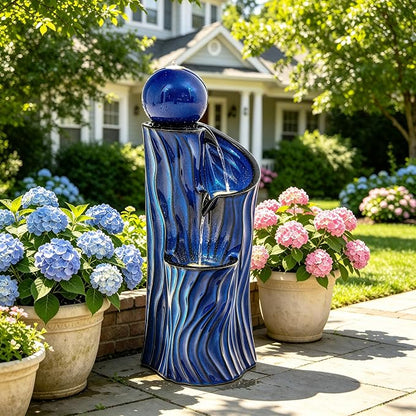 32" H Ceramic Outdoor Water Fountain with LED Lights, 3-Tier Cascading Sphere Water Feature, Tranquil Waterfall for Relaxing Garden, Patio, Yard, or Porch, Cobalt Blue, Dynamic Wave-Texture