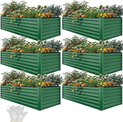 YITAHOME 6pcs 8x4x2 ft Galvanized Raised Garden Bed Kit, Large Metal Planter Box with Gloves, Safety Rubber & Support Rod, Outdoor Flower Bed for Plants Vegetables, Green