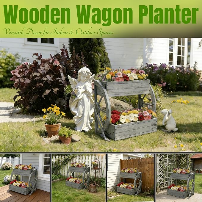 NestNature Wooden Wagon Planter Box|Rustic Planter Use On Indoor&Outdoor | 2-Tier Medium Solid Wood Planter-Flower Pot Use On Patio,Porch,Garden-Raised Garden Bed For Succulents, Herbs, Vegetables