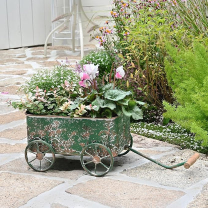 Flower Cart with Wooden Handles, Metal Wagon Planters for Outdoor Plants, Garden Planter with Wagon Wheels, Decorative Wheelbarrow, Plant Cart for Patio Garden Balcony (Green)
