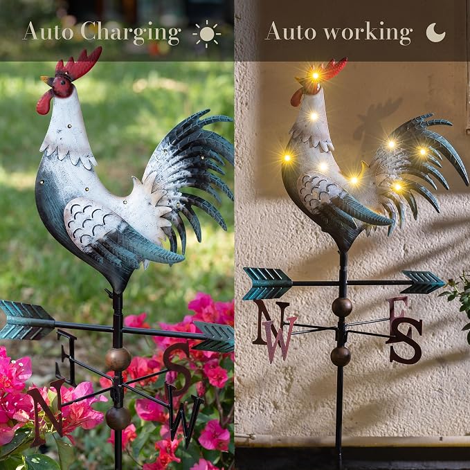 TERESA'S COLLECTIONS Garden Decor with Solar Outdoor Lights, White Rooster Yard Art Sign for Outside, 34'' Metal Weathervane Decorative Garden Stake for Outdoor Decor, Lawn, Gifts for Mom