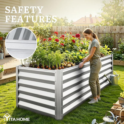 YITAHOME 6x3x3ft Large Raised Garden Bed Kit, Galvanized Metal Planter Box with Gloves, Support Rod, Outdoor Above Ground Planters for Plants Vegetables Flowers, Silver Gray