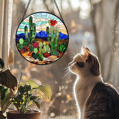 DASTOLL Stained Glass Window Hanging, Green Cactus Suncatcher for Doors Window Home Plant Landscape Sun Catchers Decoration Mother's Day Birthday Gifts for Women, Men, and Mom 11.8 in