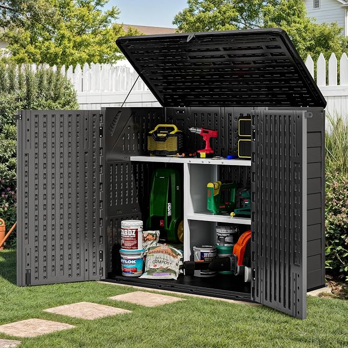 YITAHOME 30 Cu Ft Outdoor Storage Shed with Shelf, Waterproof Storage Cabinet for Bike & Garden Shed, Horizontal Outdoor Storage Shed for Garage, Pool Storage, Dark Gray & Black