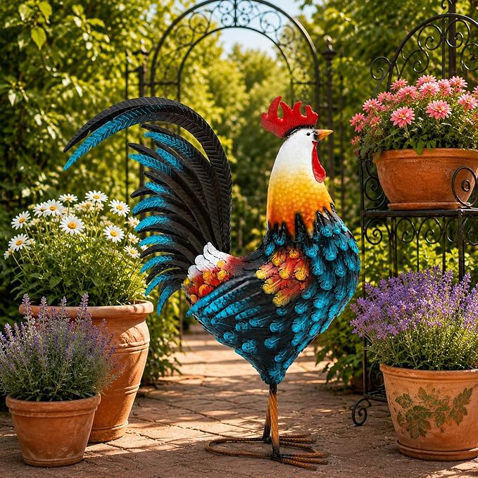 32" Majestic Metal Rooster Yard Decor, Large Outdoor Garden Statue | Outdoor Chicken Sculpture, 3D Hand-Painted, Rustic Farmhouse Style, Weather Resistant Iron, Backyard Patio Lawn Garden