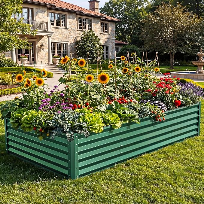 YITAHOME 8x4x1.5ft Galvanized Raised Garden Bed, Metal Planter Box with Safety Rubber, Gloves, Outdoor Flower Bed for Planting Plants Vegetables, Green