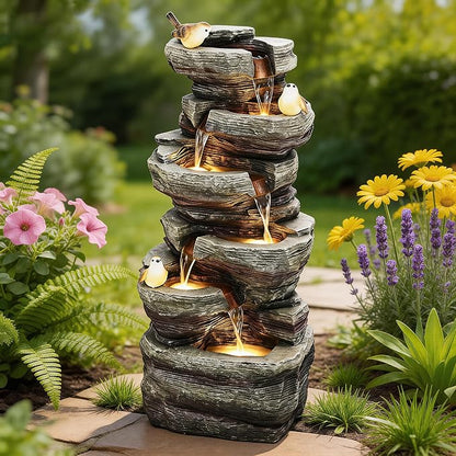 39.4" Stacked Rock Outdoor Fountain LED 6-Tier Bird Waterfall | hand-carved stone with birds, garden patio porch backyard