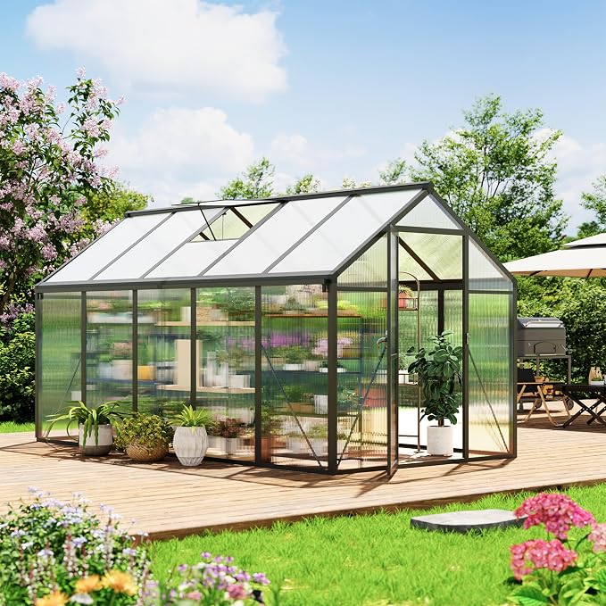 Garvee 6x10ft Walk-in Greenhouse, Heavy Duty Large Outdoor Green House | Polycarbonate Garden Greenhouse with Roof Vent, Lockable Outward-Opening Swing Door & Aluminium Frame for Backyard, Grey