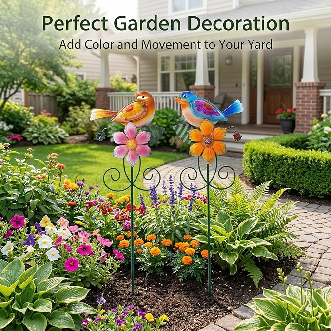 Topadorn Set of 2 Metal Bird & Flower Garden Stakes, Hand-Painted Decorative Yard Art for Planters, Flower Beds & Patio, 16 Inch