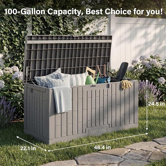 EAST OAK Outdoor Storage Box, 100 Gallon Deck Box, Waterproof Resin Storage Bench for Patio Cushions, Gardening Tools, Pool Toys, Lockable, UV Resistant, Grey