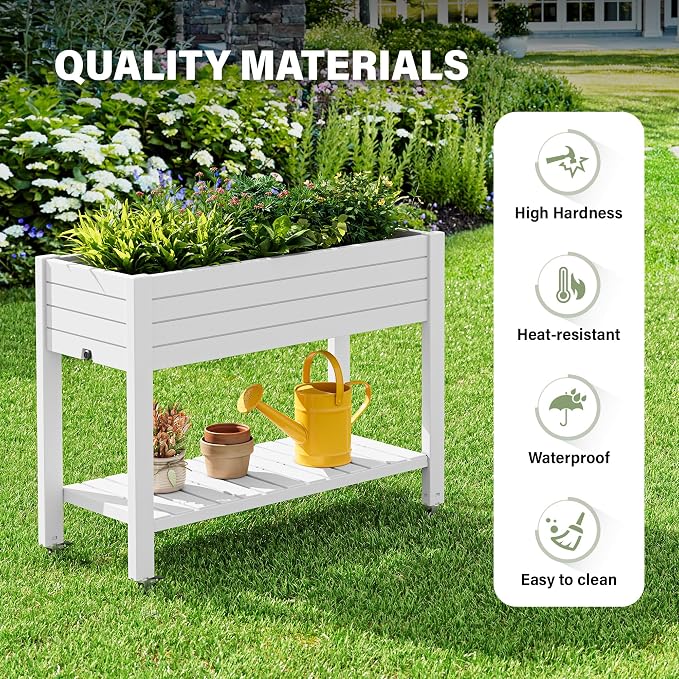Elevate 33.7" Tall Raised Garden Bed with Wheels, Divisible Resin Planter Box with Drainage Gauge & Storage Shelf, Herb Planter for Garden Patio Backyard, Ashen (33.7" h)