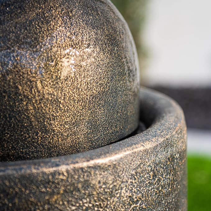 XBrand 25.98" Modern Sphere Water Fountain with LED Light – Indoor Outdoor Stone Texture Floor Fountain, Zen Bubbling Ball Water Feature for Garden Patio Porch - Bronze