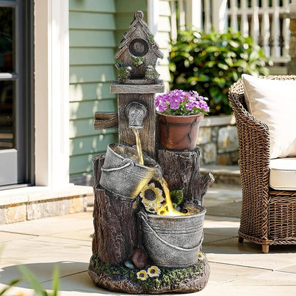 20" 3-Tier Resin Birdhouse Water Fountain with Warm LED Lights | Pastoral Cascading Bucket Water Feature with Soothing Outdoor Fountain for Patio Backyard Garden Porch
