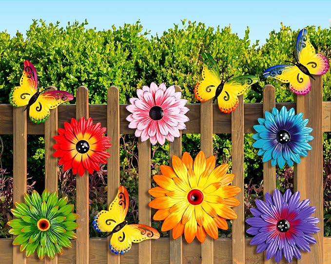Gisafai 10 Pack Metal Flower Wall Decor Outdoor, 3D Daisy and Butterfly Metal Garden Wall Art, Colorful Fence Decorations for Patio Backyard Balcony Porch, Summer Housewarming Gift(Fashion)