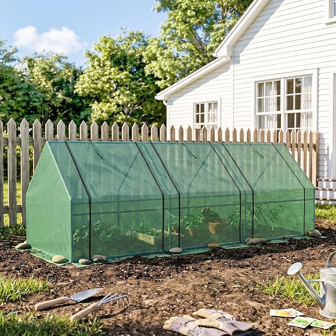 Outsunny 9' x 3' x 3' Mini Greenhouse with Zippered Doors & Roll-up Windows, Portable Plant Hot House with PE Cover, Water Resistant, UV Protected for Outdoor Flowers, Vegetables, Green