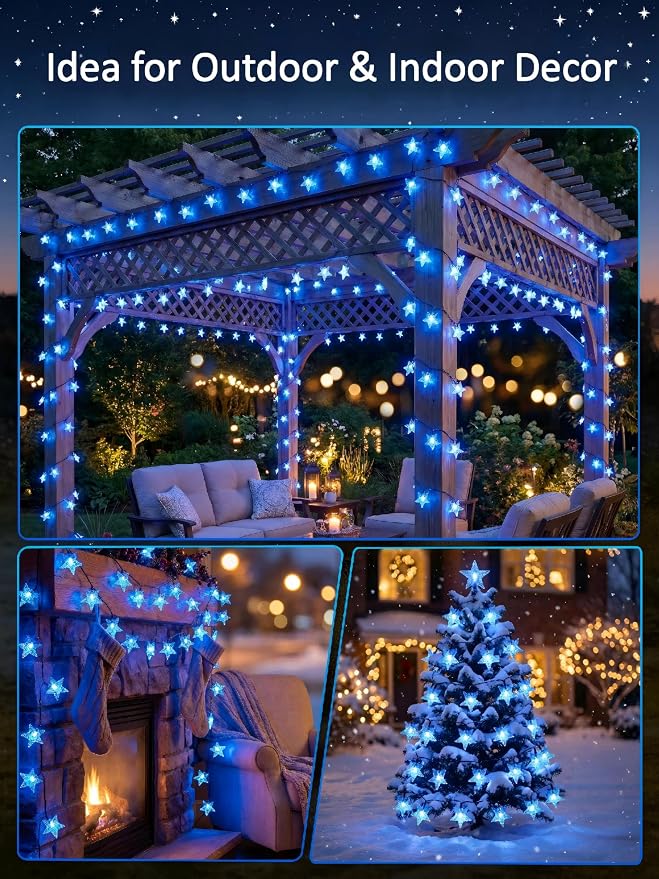 Twinkle Solar Star String Lights Outdoor Waterproof 39FT/100L Fairy Lights | 8 Modes Camping Garden Wedding Party Tree Holidays Backyard Patio Blue