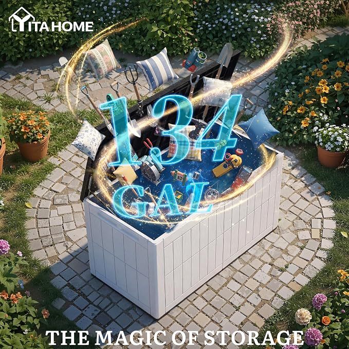 YITAHOME 134 Gallon Large Outdoor Storage Box with Lock | Waterproof Resin Deck Box w/Hydraulic Piston for Garden Tools, Pool Accessories & Cushions(Black & Grayish-White)
