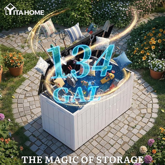 YITAHOME 134 Gallon Large Deck Box | Waterproof Resin Outdoor Storage Box with Lock and 2-Person Bench Seating for Patio Furniture Cushions,Garden Tools & Pool