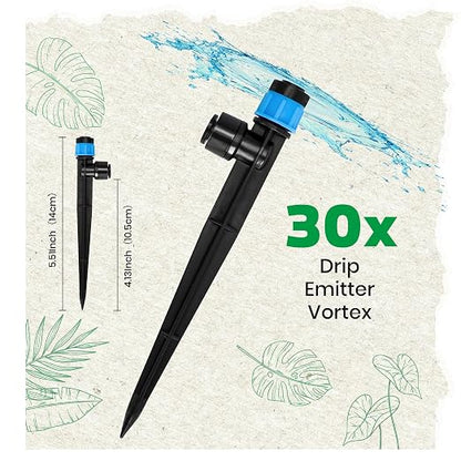 MIXC 30pcs Quick-Connect Drip Irrigation Emitters Fan Shape for 1/4" Drip Irrigation Tubing - Adjustable Push-to-Connect 360° Drip Emitters Vortex on 5.5" Sturdy Stake for Irrigation System