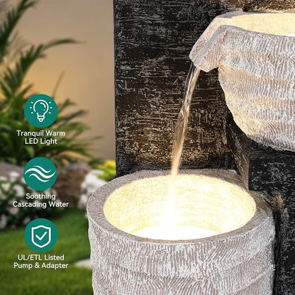 40" H Outdoor Water Fountain with LED Lights & Pump | Sand-Textured Freestanding Garden Fountain, Multilayer Cascading Polyresin Fountain for Tranquil Garden, Patio or Porch
