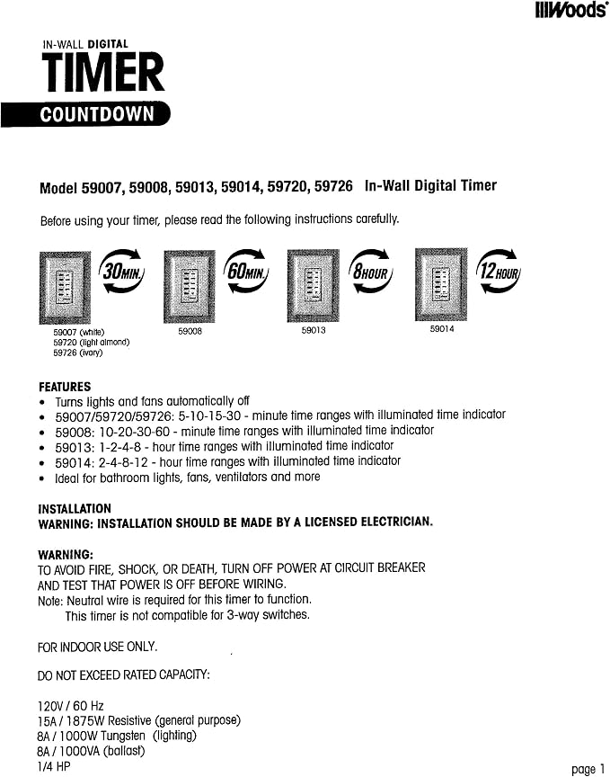 Southwire Woods In-Wall 60-Minute Digital Countdown Timer - Automatic Shut-Off Timer - Energy-Efficient Wall-Mounted Timer - Durable Digital Timer - Easy-Installation Indoor Timer