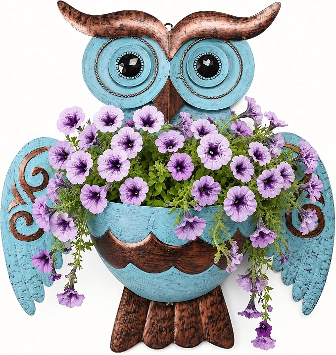 Owl Metal Wall Mount Planter, Hanging Succulent Flower Pot with Drainage | Farmhouse owl metal wall hanging pot garden succulent decorative planters, indoor outdoor hanging wall container