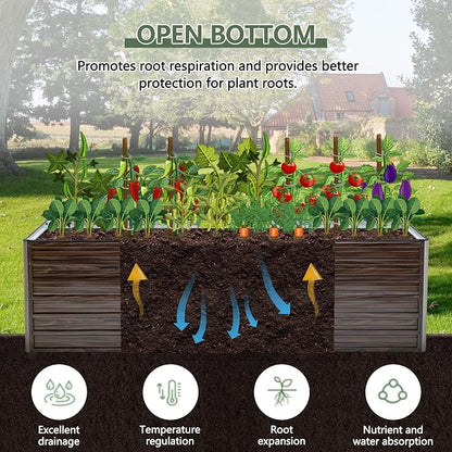 Galvanized Raised Garden Beds, 8x4x2FT Outdoor Planter Boxes with Safety Edging and Gloves, Rustic Country Style Metal Garden Bed Kit for Vegetables Flower and Fruits (Brown Wood Grain