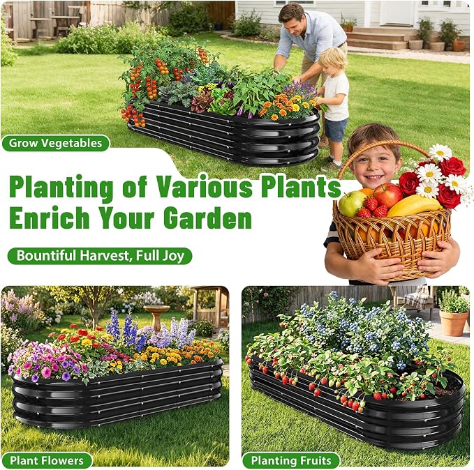 Oval Raised Garden Bed, 5 x 2 x 1FT, Galvanized Steel Planter Box with Wave-Shaped Metal Panels Painted for Outdoor Flower,Tree,Herb & Vegetable Garden (Black, 60X24X12 inches)