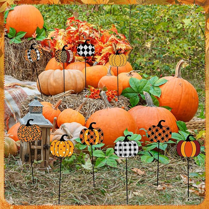 10 Pcs Fall Pumpkin Metal Garden Stakes Autumn Colorful Pumpkin Yard Signs Thanksgiving Decorative Garden Stakes Harvest Metal Yard Signs for Indoor Outside Porch Lawn Decor