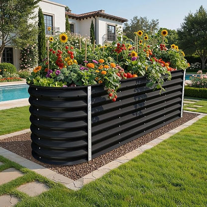 YITAHOME 8x2x2ft Galvanized Oval Raised Garden Bed, Metal Planter Box with Safety Rubber, Gloves, Outdoor Flower Bed for Planting Plants Vegetables, Black