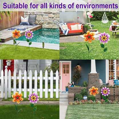 2 Pack Metal Flower Wind Spinners, Outdoor Garden Stakes with Stable H-Base, Kinetic 3D Floral Windmills for Yard, Lawn, and Pathway Decor (Orange & Purple)