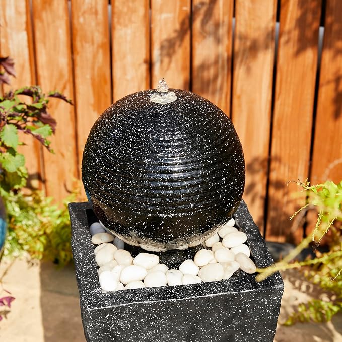 Glitzhome Outdoor Water Fountain with LED Light & Pump, Black Pedestal Sphere Fountain Decorative Water Fountains, Modern Waterfall Floor Fountain with Pebbles for Garden Patio Decor Porch, 31.75”H