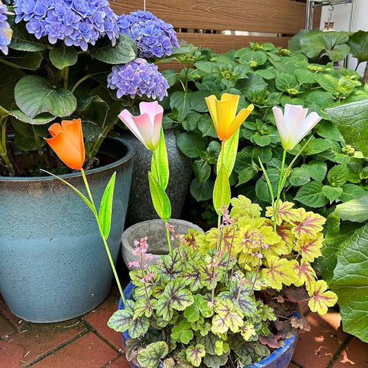 4pack Flower Garden Stake Decor, Rustic Metal Tulips Floral Stake Yard Art Ornament Outdoor Spring Decor, Garden Flowers Stick for Patio Lawn Yard Pot Decoration