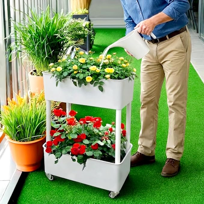 Self-Watering Raised Planter Box with Lockable Wheels,2-Tier Elevated Garden Bed with Visible Water Level Window,Indoor Outdoor Plastic Plant Box for Flowers,Vegetables & Herbs
