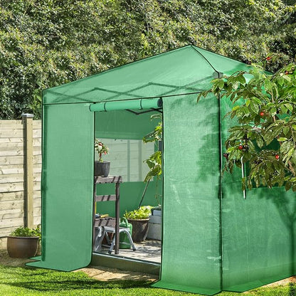 EAGLE PEAK 8x8 Portable Walk in Greenhouse, Pop Up Indoor Outdoor Greenhouse, Green House Kit with Zippered Roll-Up Doors and Windows, PE Cover, Clear/Green