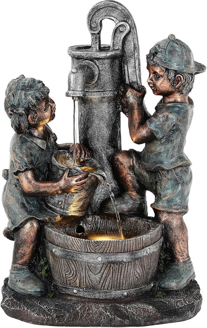 26" Boy and Girl Outdoor Fountain LED 3-Tier Cascading Waterfall | bronze finish, children drawing water scene, patio garden Porch