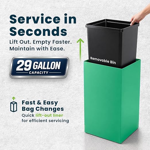 Alpine Commercial Indoor Recycle Bin - 29 Gallon Modern Looking Green Recycle Bin, Office Recycling Bins, Metal Trash and Recycling Container with Stickers & 3 Optional Lids (lid Sold Separately)