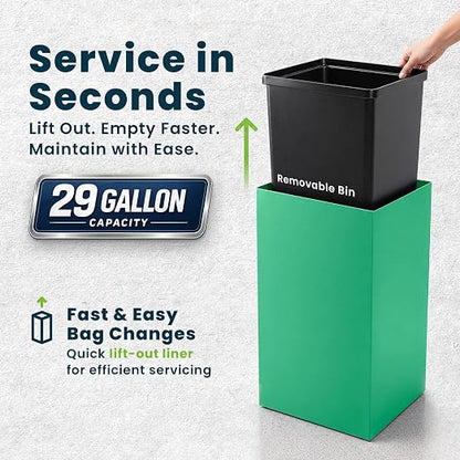 Alpine Commercial Indoor Recycle Bin - 29 Gallon Modern Looking Green Recycle Bin, Office Recycling Bins, Metal Trash and Recycling Container with Stickers & 3 Optional Lids (lid Sold Separately)