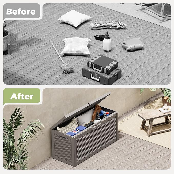 Outdoor Storage Box, Resin Deck Boxes Indoor and outdoor, Waterproof Storage Box Lockable Lid (Grey,60 Gallon)