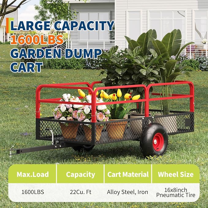 PeakPursuit Tow Behind Steel Dump Cart, Heavy Duty Yard Garden Trailer with Removable Sides & All Terrain Tires, Fits Lawn Mower, Tractor, Garden Cart, 1600 lbs 22 Cubic Feet, Red