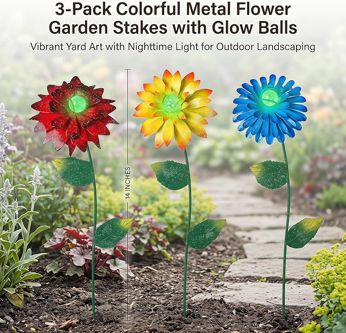14 Inch Glow in The Dark Flower Garden Stakes, 3 Pack Colorful Metal Yard Decor with Luminous Beads, Outdoor Night Glow Garden Stakes for Lawn, Patio & Flower Beds