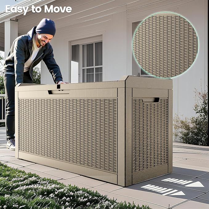 Zapdos Outdoor Storage Box, 60 Gallon Deck Box Indoor and Outdoor Use, Waterproof Resin Rattan Storage Bin for Package Storage Gardening Tools Patio Cushions, Lockable, Fade Resistant, Brown
