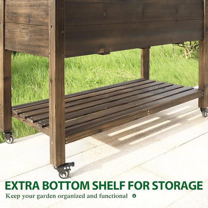 Yardenaler 48x24x33in Raised Garden Bed Featuring Legs, Outdoor Elevated Wood Planted Box Equipped with Wheels & Shelf for Vegetable Flower, Backyard and Patio, Rustic