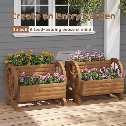 Wooden Wagon Planters for Outdoor Plants, Flower Cart, Wood Planter Boxes Outdoor, Backyard Decor, Flower Planters Outdoor with Wheels Planter for Flowers Vegetables (Brown)