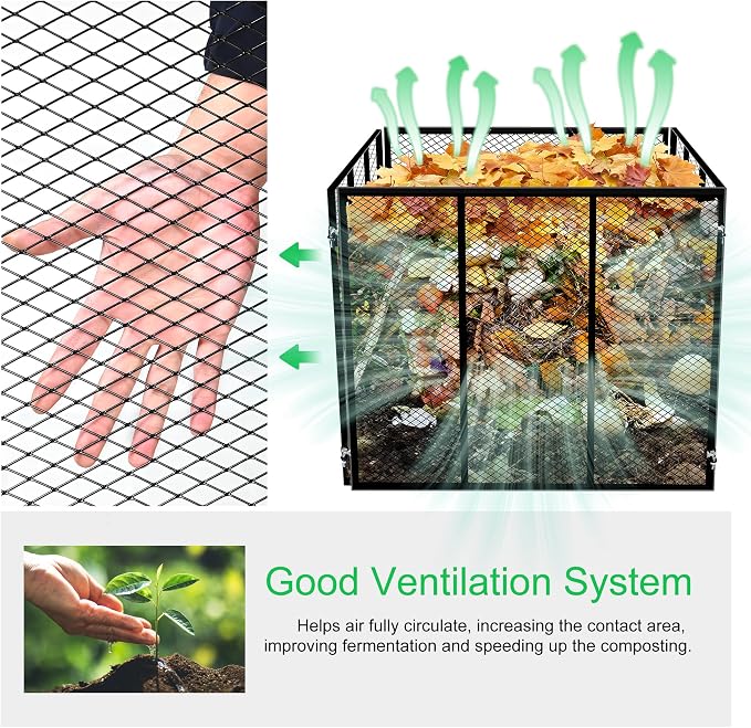Large Compost Bin Outdoor - Metal Wire Mesh Compost Bins with Rust-Proof Coating, Easy to Assemble Square Garden Compost Bin for Yard Waste, Leaves & Kitchen Scraps, 37x37x30 Inches Black