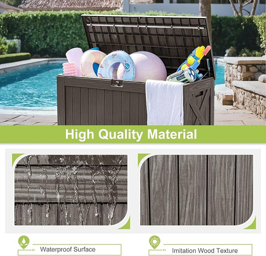 Greesum 120 Gallon Deck Box, Resin Outdoor Storage Container for Patio Furniture, Garden Tools, Pool Accessories, Weatherproof, Lockable, Brown