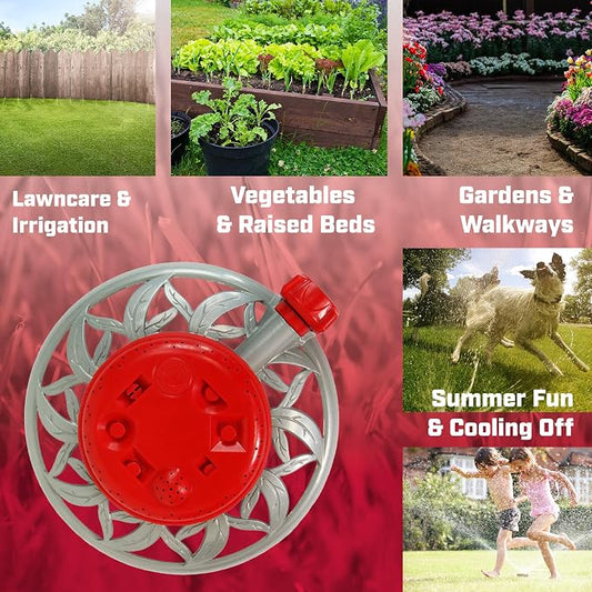 Chapin 4998: 8-Pattern Metal Circle Sprinkler, 360 Degree Sprinkler Head for Small Gardens and Lawns, Up to 40 ft Coverage Area, Lawn Sprinkler, Small Area Yards and Garden Watering, Red/Silver