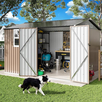 IRONCK 10x8.2 FT Outdoor Storage Shed with Clear Window, Tool Shed, Brown | Lockable Doors, Breathable Ventilation, 9.5x8 FT Base, Outdoor Shed For Generators/Bikes/Wheelbarrows
