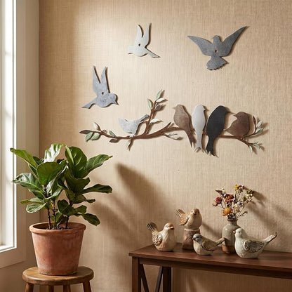 Ferraycle Metal Bird Wall Art Birds on the Branch Decor Metal Sculpture Silhouette Ornament Branch Wall Hanging Sign for Balcony Garden Home Decor(Dark Colors)