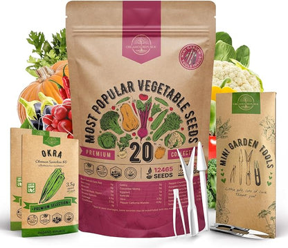 20 Vegetable Seeds Variety Pack - 12,465+ Non-GMO Heirloom Seeds for Planting Vegetables and Fruits in Individual Seed Packets, Home Garden Seed for Hydroponic, Indoor and Outdoors Gardening